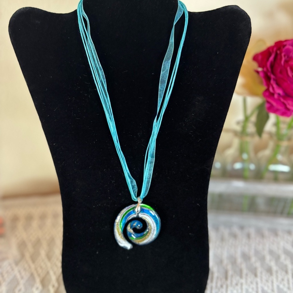 Oceanic Spiral Necklace Reversible Pendant Bohemian w/Ribbon.‎ Blue-multi color.